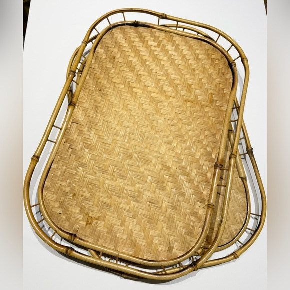 Set of 2 Vintage Bamboo Woven Serving Trays 1950’s Mid Century Boho XL - Picture 7 of 8